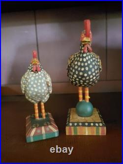 2 Vintage 1996 Signed G. VOYZEY Hand Carved Chicken/Rooster Folk Art Pieces
