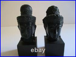 2 Vintage Bronze Metal Sculpture Buddha Head Icon Iconic Statue W Wood Base