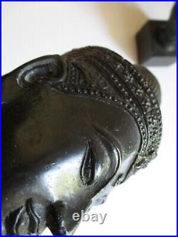 2 Vintage Bronze Metal Sculpture Buddha Head Icon Iconic Statue W Wood Base