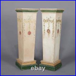 2 Vintage Country Floral Paint Decorated Sculpture Display Pedestal Stands