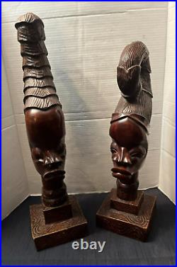 (2) Vintage Hand Carved Wood African Tribal Women Head Sculpture Statue-21 & 24