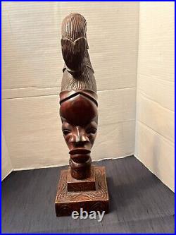 (2) Vintage Hand Carved Wood African Tribal Women Head Sculpture Statue-21 & 24