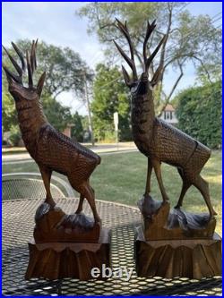 2 Vintage Hand Carved Wood Sculpture Elk Deer Stag Black Forest Style 20 READ
