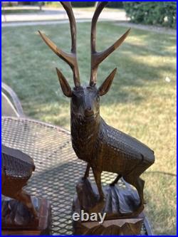 2 Vintage Hand Carved Wood Sculpture Elk Deer Stag Black Forest Style 20 READ