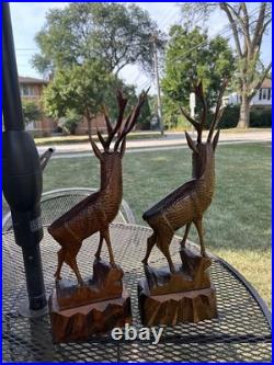 2 Vintage Hand Carved Wood Sculpture Elk Deer Stag Black Forest Style 20 READ