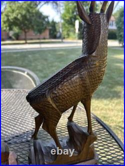 2 Vintage Hand Carved Wood Sculpture Elk Deer Stag Black Forest Style 20 READ