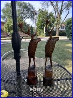 2 Vintage Hand Carved Wood Sculpture Elk Deer Stag Black Forest Style 20 READ
