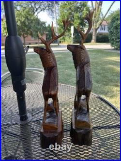 2 Vintage Hand Carved Wood Sculpture Elk Deer Stag Black Forest Style 20 READ