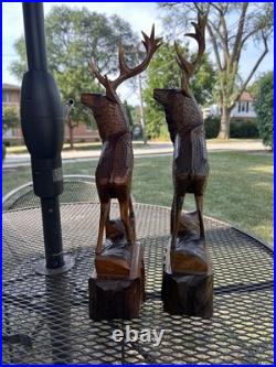 2 Vintage Hand Carved Wood Sculpture Elk Deer Stag Black Forest Style 20 READ