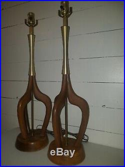 2 Vintage Mid Century Modern Teak Wood Atomic Sculptured Table Lamp Pair Danish