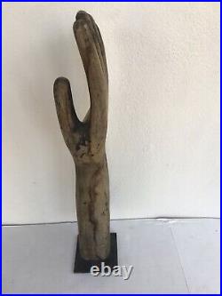 21 Large Old Vintage Hand & Forearm Carved Wood Sculpture with Cast Iron Pedestal