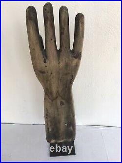21 Large Old Vintage Hand & Forearm Carved Wood Sculpture with Cast Iron Pedestal