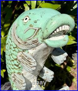 21 Vintage Carved Wood Lucky Koi Fish Statue 18 Lb Large Tropical Sculpture