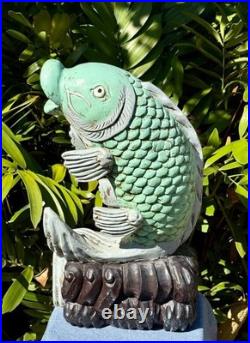 21 Vintage Carved Wood Lucky Koi Fish Statue 18 Lb Large Tropical Sculpture