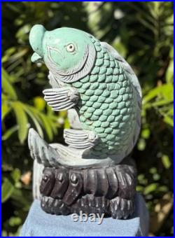 21 Vintage Carved Wood Lucky Koi Fish Statue 18 Lb Large Tropical Sculpture