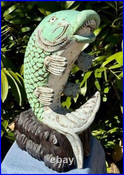 21 Vintage Carved Wood Lucky Koi Fish Statue 18 Lb Large Tropical Sculpture