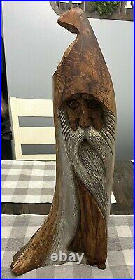 21 Vintage Hand Carved Wood Spirit Old Man Bearded Face With Robe/Foot
