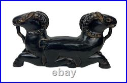23 Vintage Solid Carved Wood Double Ram Two Head Art Sculpture Egyptian Revival