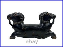 23 Vintage Solid Carved Wood Double Ram Two Head Art Sculpture Egyptian Revival