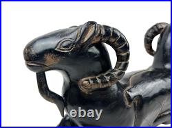 23 Vintage Solid Carved Wood Double Ram Two Head Art Sculpture Egyptian Revival