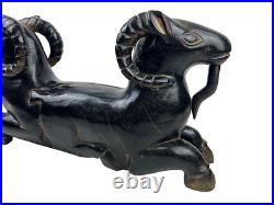 23 Vintage Solid Carved Wood Double Ram Two Head Art Sculpture Egyptian Revival