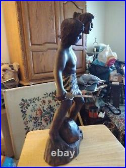 23 Vtg Tribal Headhunter Carved Wooden Sculpture Statue With Severed Heads 60's