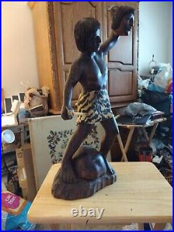 23 Vtg Tribal Headhunter Carved Wooden Sculpture Statue With Severed Heads 60's