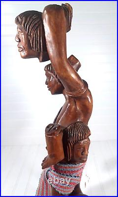 24 Vtg Tribal Headhunter Carved Wooden Sculpture Statue 2 Severed Heads 60's