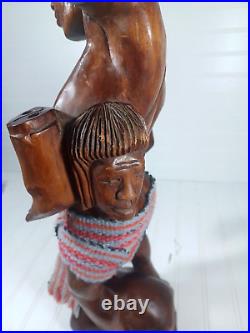 24 Vtg Tribal Headhunter Carved Wooden Sculpture Statue 2 Severed Heads 60's