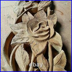 2x Teak Wood Balcony Carved Panel Rose Flower Wall Sculpture Vintage Home Decor