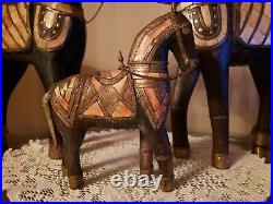 3 Vintage Wood Horse Sculpture Armoured Brass Copper Shell Inlay