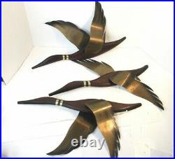 3 Vtg MCM Wood With Brass Copper Wall Art Hanging Sculpture Large Flying Geese