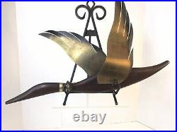 3 Vtg MCM Wood With Brass Copper Wall Art Hanging Sculpture Large Flying Geese
