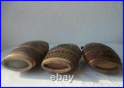 3 x Antique Vintage Wooden Wood Pocket Barrel Keg Canteen Cask Tub Pail, carving