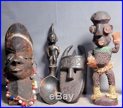 4 Vintage African Mask Beads Wood Carving Woven Grass Spoon Effigy Sculpture 70s