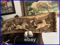 6ft Huge Vintage Hand-Carved Solid Wood Horse Stampede Wall Sculpture