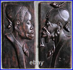 AFRICAN Wood Carving RARE Vintage TRIBAL Pair Finely HAND Made Relief Sculpture