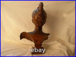 ANTIQUE FRENCH HAND CARVED OAK WOOD WOMAN BUST, SIGNED, EARLY 20th CENTURY