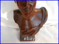 ANTIQUE FRENCH HAND CARVED OAK WOOD WOMAN BUST, SIGNED, EARLY 20th CENTURY