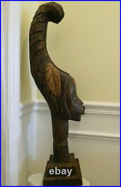 ANTIQUE / VTG African Woman Wood Sculpture BUST Head Hand Carved Statue 33