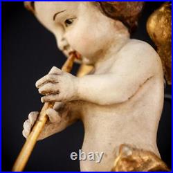 Angel Sculpture Archangel Musician Wooden Figure Vintage Wood Statue 11.8