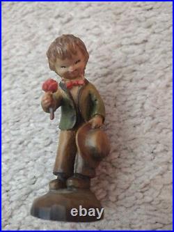 Anri Wood Carving New Vintage Boy Holding A Rose 3 1/2 Inches Tall