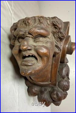 Antique 1800's hand carved figural wood architectural salvage devil sculpture
