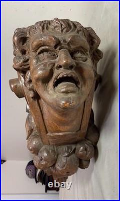Antique 1800's hand carved figural wood architectural salvage devil sculpture