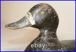 Antique 1800s hand carved wood Folk Art bluebill black duck decoy bird sculpture
