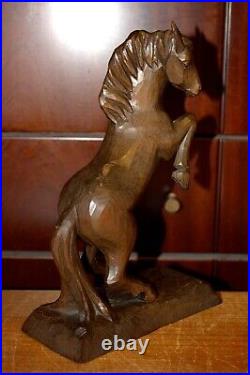 Antique 9.6 Wood Carving Hand Carved Rearing Horse Statue Figure Sculpture Gift