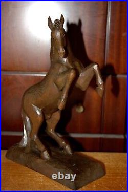 Antique 9.6 Wood Carving Hand Carved Rearing Horse Statue Figure Sculpture Gift