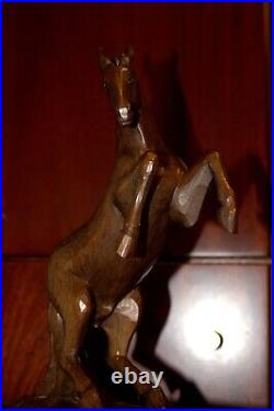 Antique 9.6 Wood Carving Hand Carved Rearing Horse Statue Figure Sculpture Gift