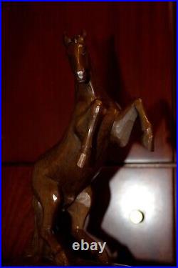 Antique 9.6 Wood Carving Hand Carved Rearing Horse Statue Figure Sculpture Gift