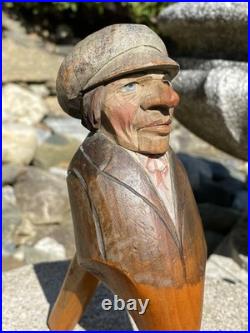 Antique Anri Italy Mechanical Hand Carved Painted Wood Nutcracker Man in Cap EX+